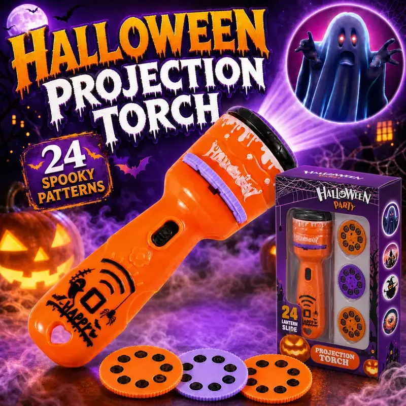 Halloween Projector Flashlight Toy, 24 Spooky Patterns with 3 Slide Discs, Pumpkin Ghost Projection Torch for Kids, Trick or Treat Party Favors & Halloween Gifts
