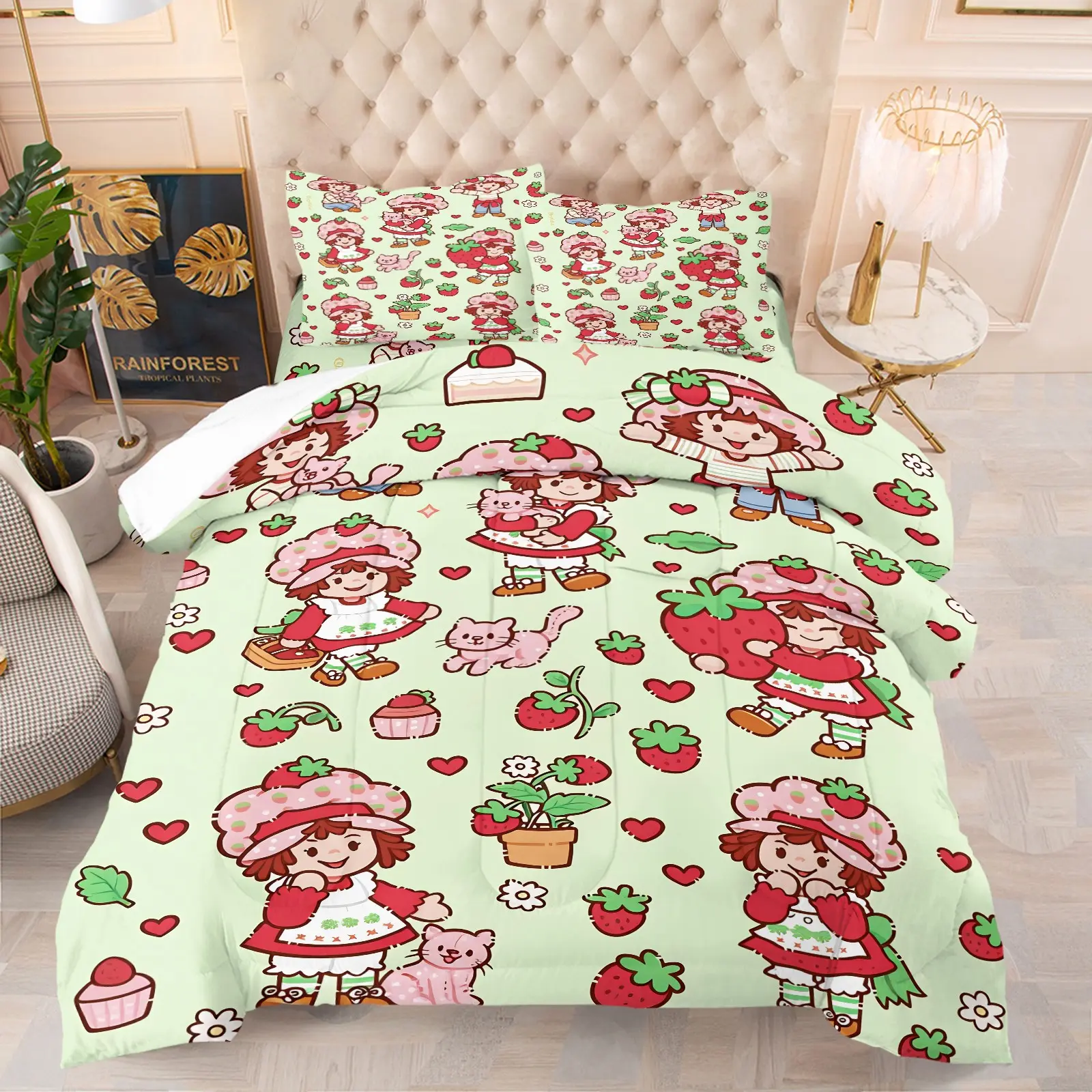 Light Green Strawberry Girl Cartoon Comforter Bedding Set, 1 Comforter + 1/2 Pillowcases, Big Strawberry & Heart Print Quilt Cover Set, Soft Warm Bedding, Soft Breathable All Season Y2K Cute Room Decor for Teen Girls & Kids