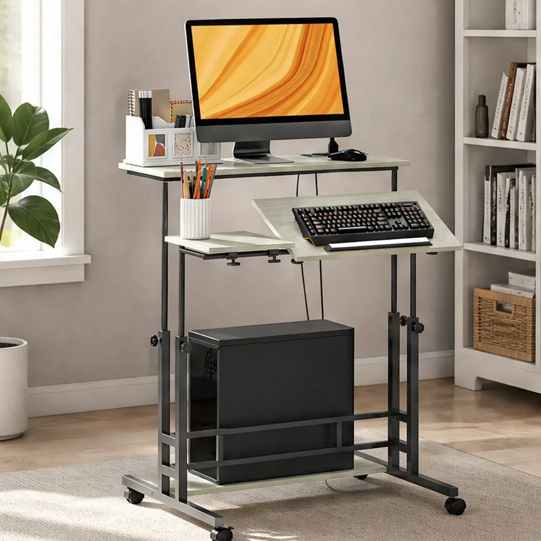 ARCH Height Adjustable Standing Desk with Power Outlets, 31.5"W Tiltable Tabletop, Lockable Wheels, Storage Shelf, Home Office Computer Desk, Wood Finish, 44 lbs Capacity, Wood Color Options, Wood Material, Product Dimensions: 23.60 W x 31.50 D x