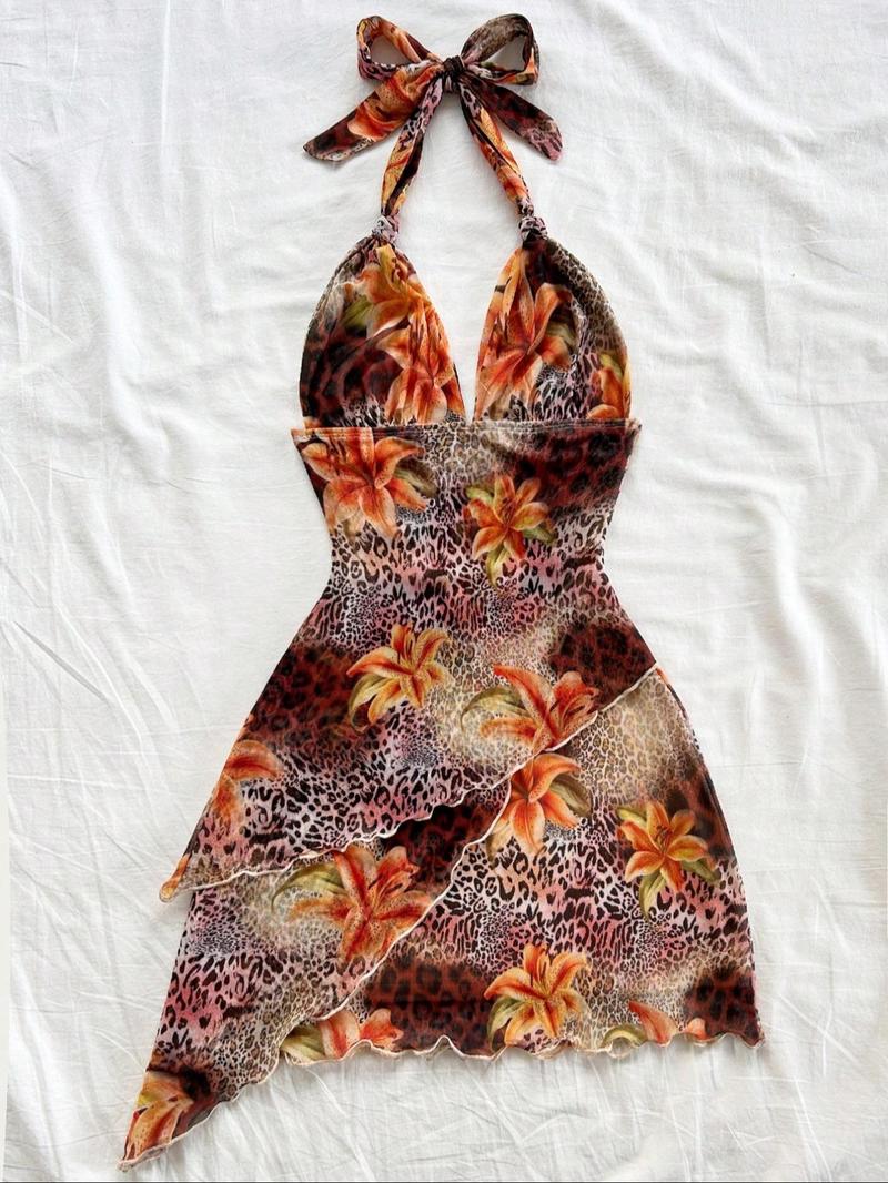 Women's Colorblock Print Tie Back Fashion Draped Dress, Chic Casual Sleeveless Dress for Summer, Ladies Clothes for Beach Holiday Vacation