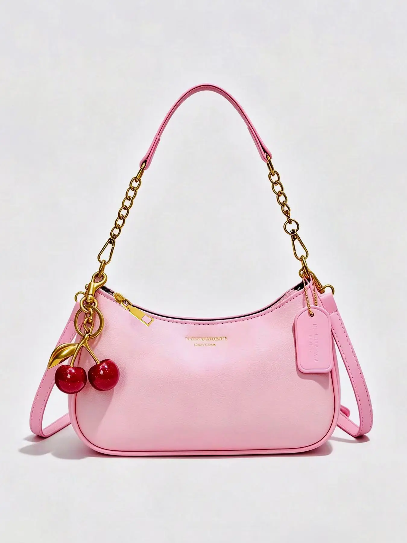 Sweet Crescent Crossbody Bag, Cute Cherry Charm, Metal Chain Strap, Soft PU Leather, Casual Style, All Seasons, Perfect for Daily Use, Pu Shoulder Bags