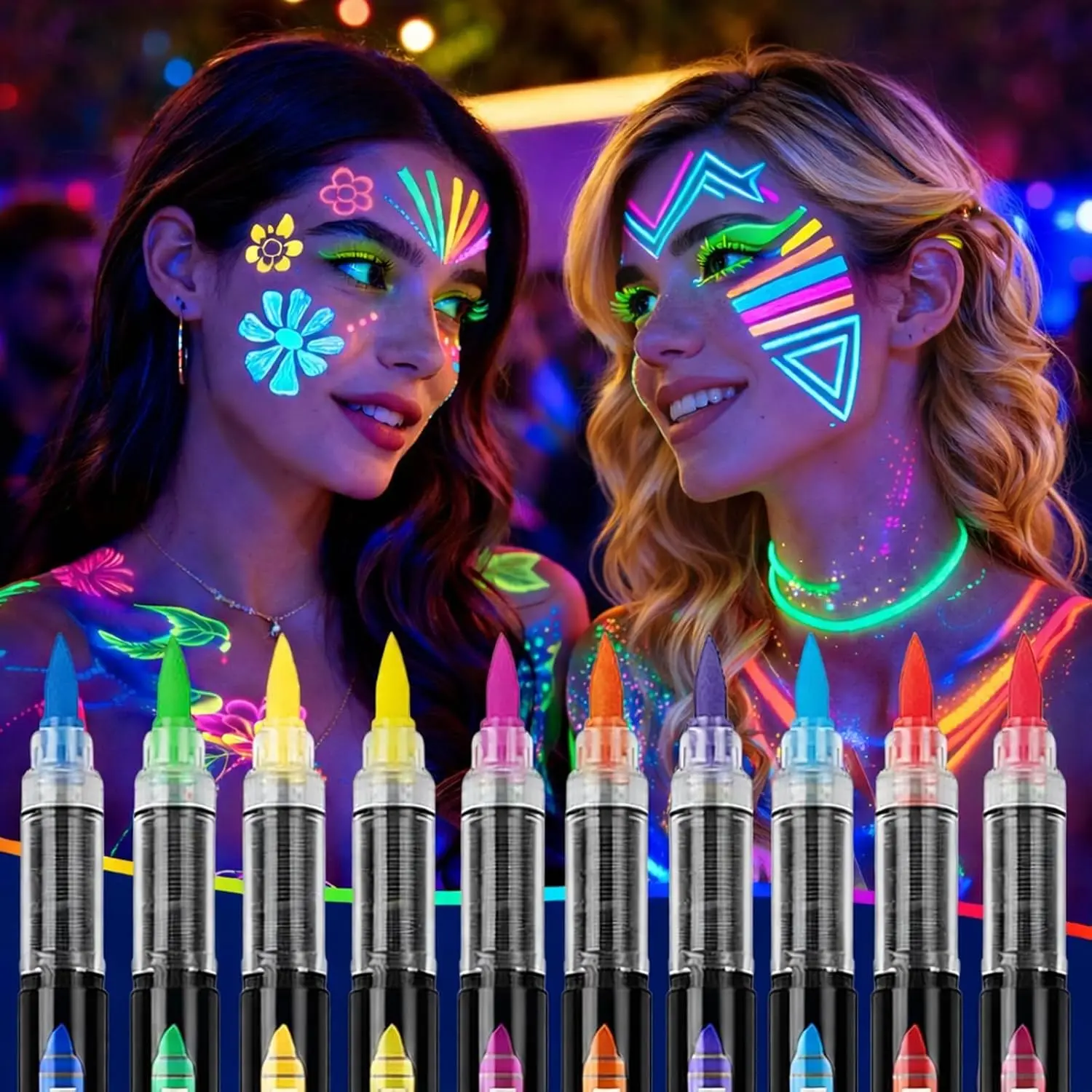 10 Colors Glow in the Dark Body Paint Markers, Fluorescent UV Face and Body Painting Pens Kit Neon Sticks Adult Glow Party, Halloween, Cosplay, Art, Christmas, Washable Tattoo Markers Skin