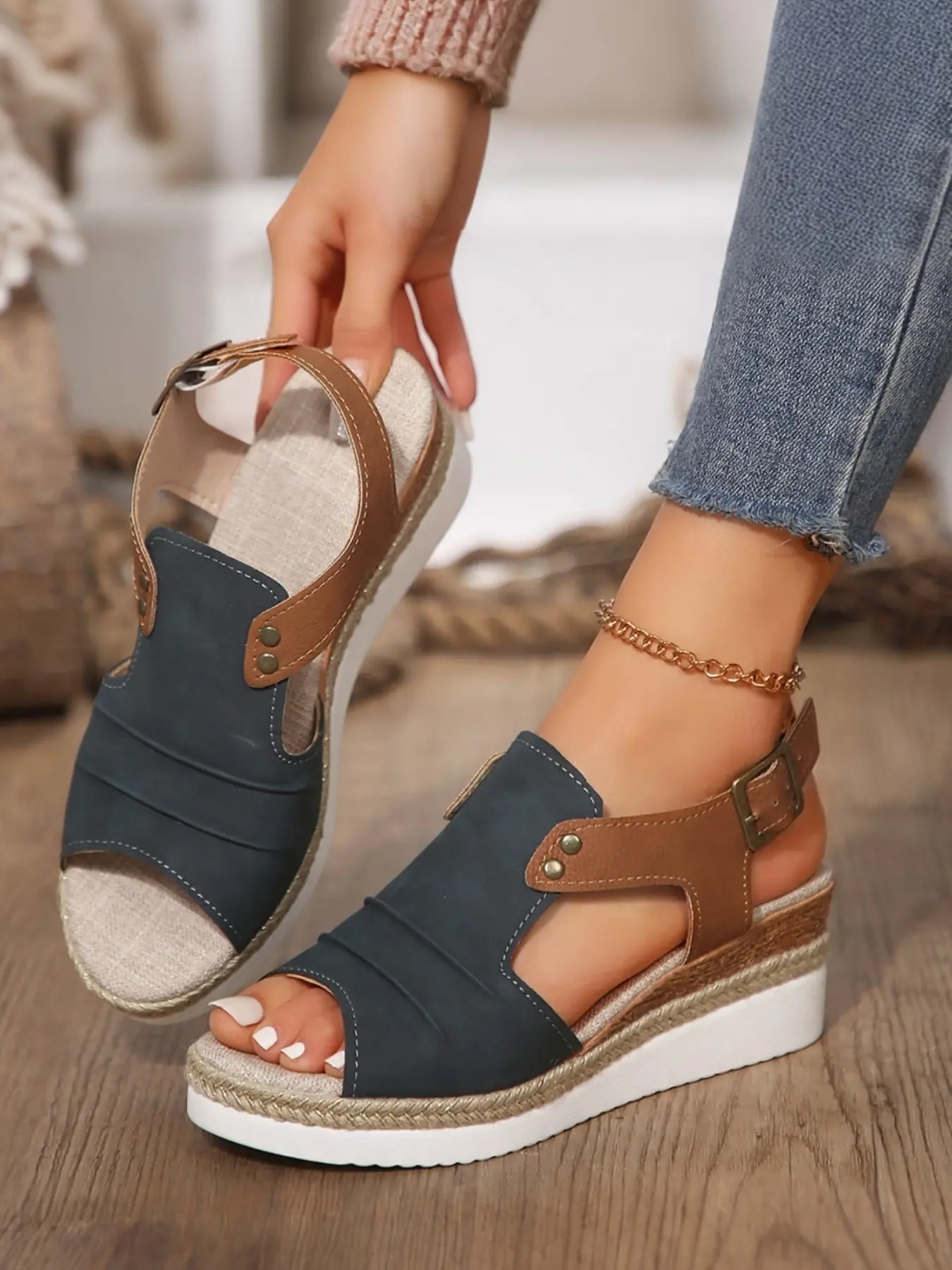 Vintage Women Wedge Sandals, Open Toe Faux Leather, Slingback Platform Shoes, Rivet Detail, Jute Trim, Lightweight Summer Casual Footwear, Summer Wedges