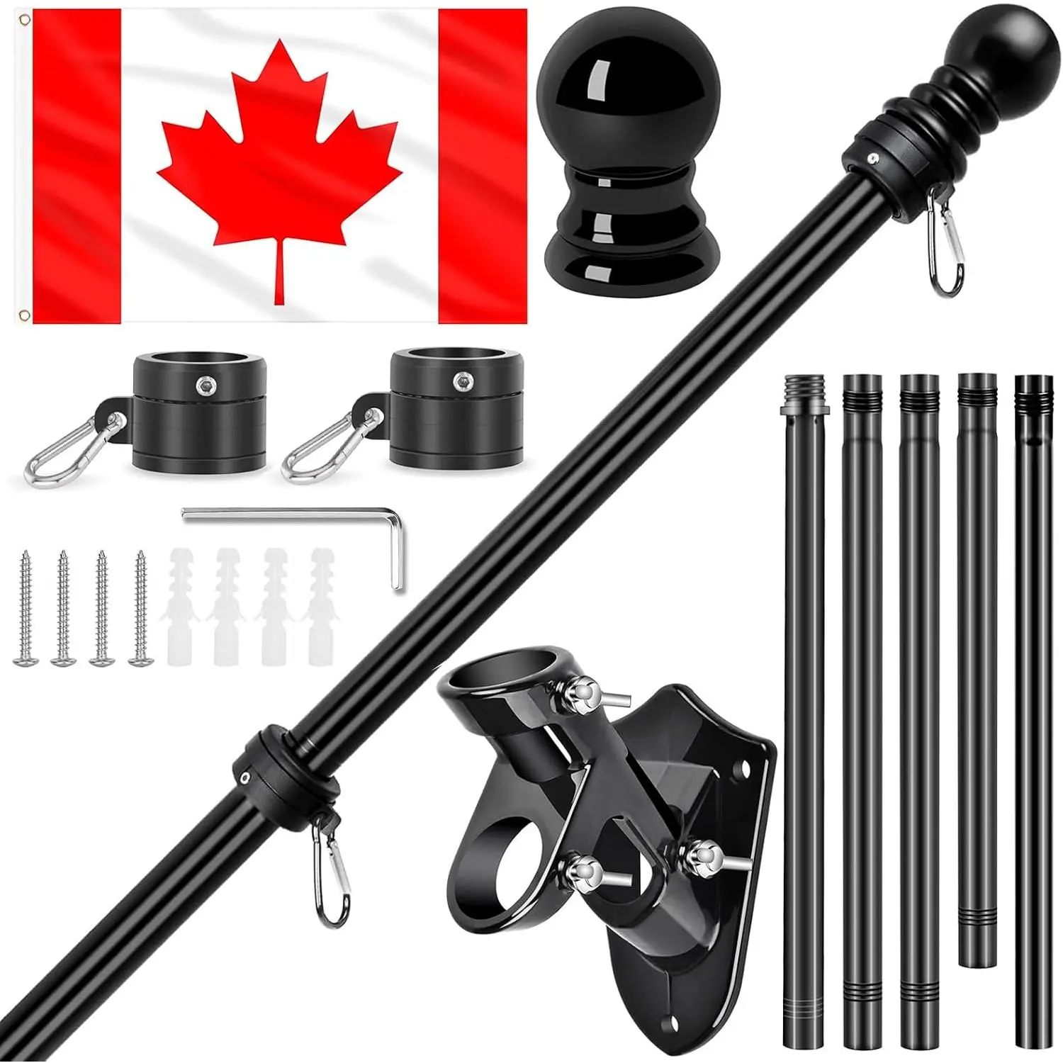 Flag Pole Kit - 6FT Stainless Steel Wall Mount Flagpole with 3x5 FT Canadian Flag, Adjustable 45° & 90° Bracket & -Free Rings, Rustproof for Outdoor & Indoor Use