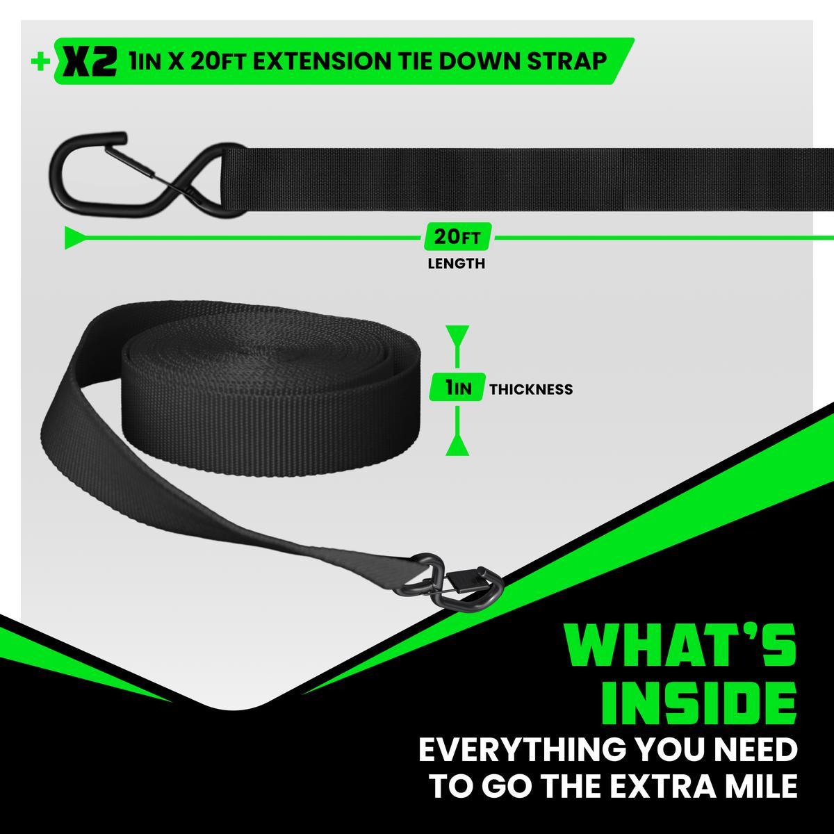 USA 1" x 20' Ratchet Strap Extension (2 Pack) with Loops Every 5 FT, S-Hook with Safety Clip – 1,209 LB Break Strength – Cargo Tie Down for Oversized Loads, Boxes, Moving, Hauling