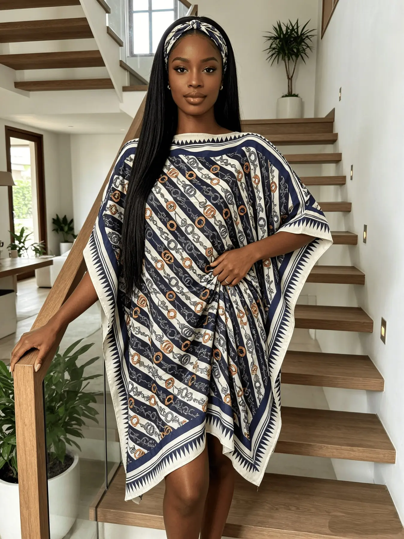 Navy Diagonal Stripe Chain Link Print Satin Kaftan Mini Dress Women Oversized Loose Silk Feel Loungewear Curvy Friendly Nightgown Beach Cover Up Resort Outfit