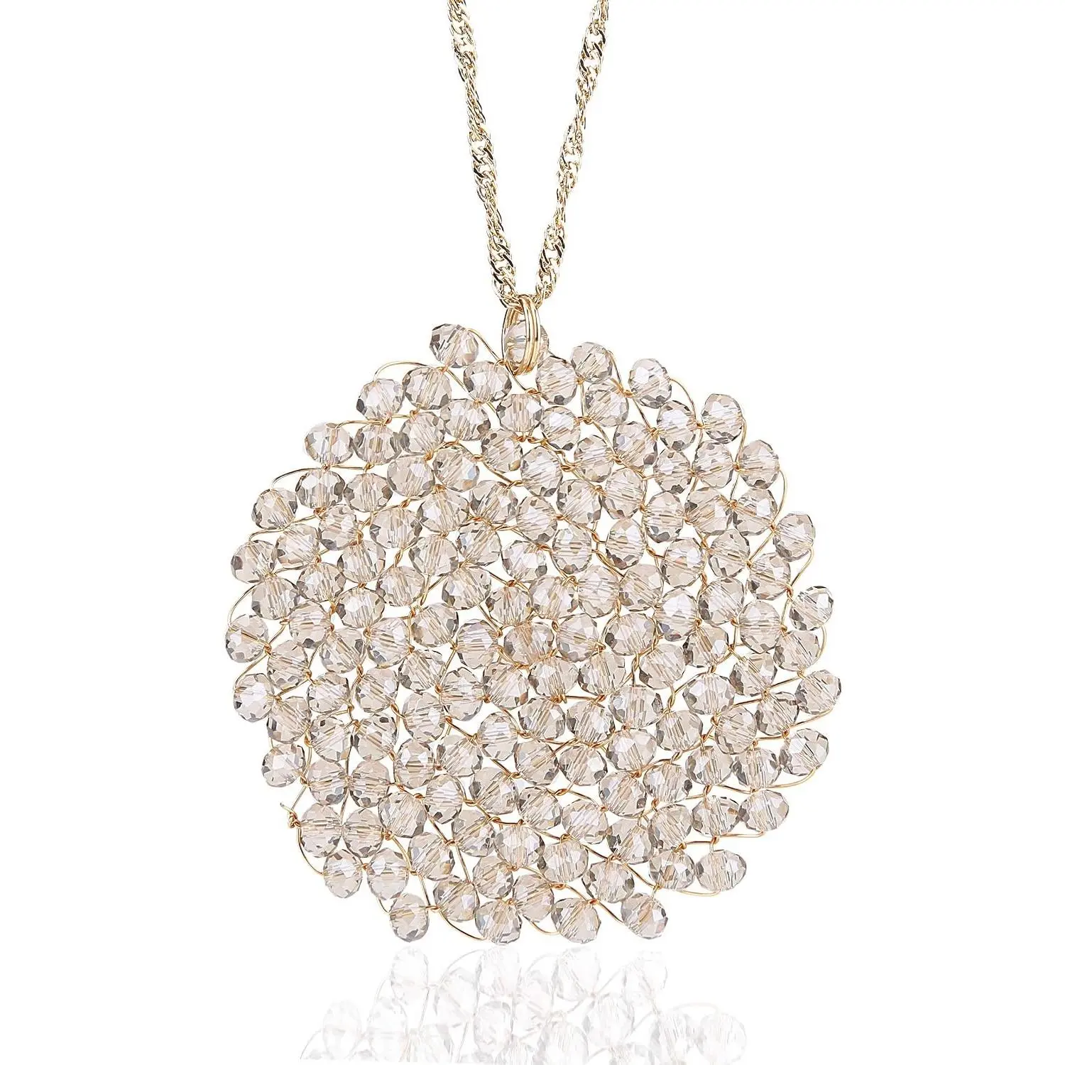 Handmade Crystal Circle Pendant Necklace for Women Disc Long Statement Necklaces with Box