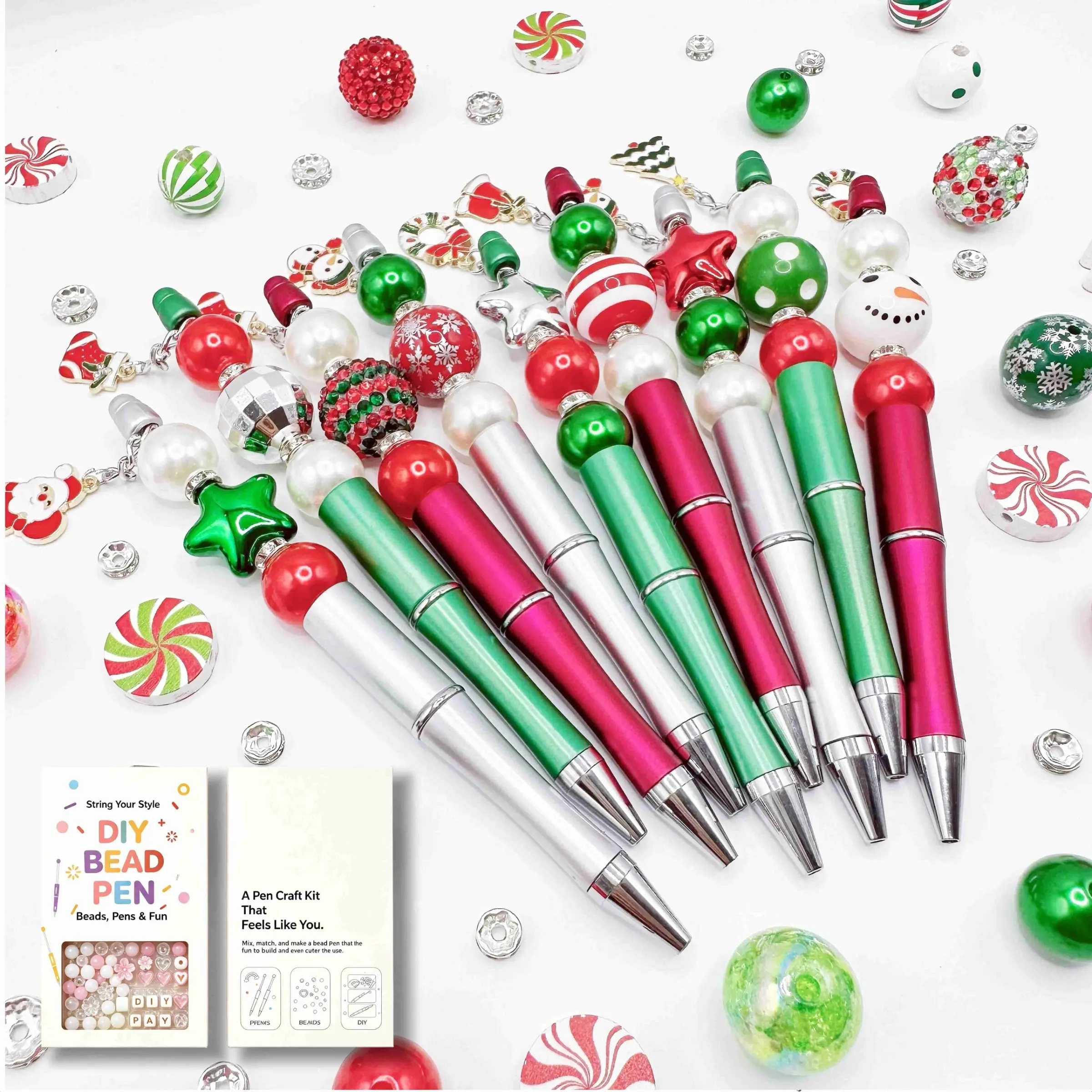 9 Pack Christmas DIY Beadable Pen Gift Box Set, Complete Beaded Ballpoint Pen Making Kit with All Christmas Beads, Spacer Beads, Santa Snowman Charms & Chain Accessories, Handmade Craft Pens, Xmas Holiday Party Favor Gifts for Women Teens Office School St