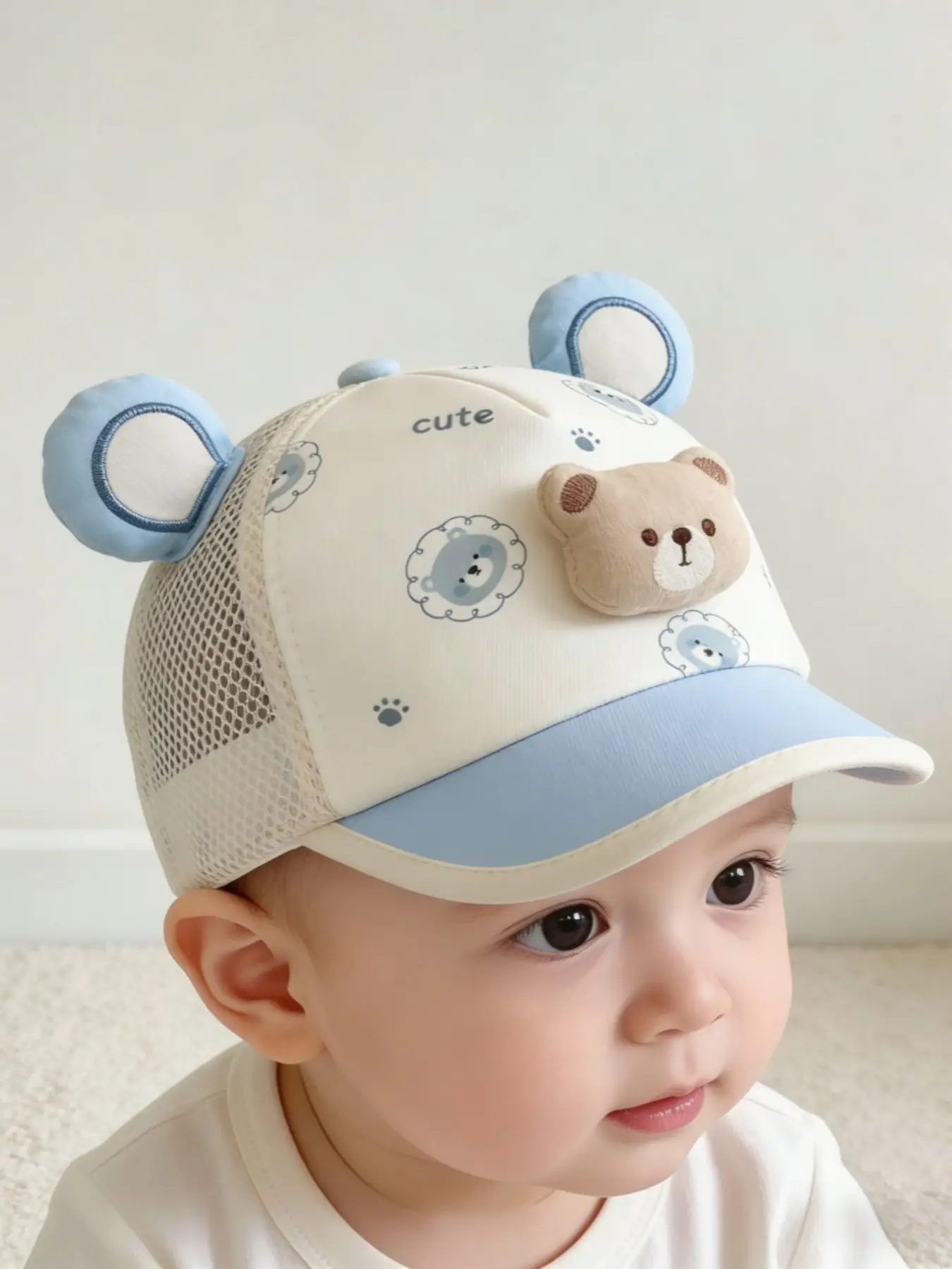 Baseball Hat, Spring Summer Sun Protection Breathable Cap, Cute 3D Bear Design, Unisex Duckbill Hat for Kids 1-3 Years, Sun Hats for Toddlers, Infant Sun Hat