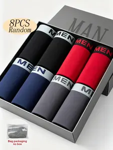 8 Pcs Men's Basic Briefs, Random Colors, Solid Color, High Elasticity, Breathable, Suitable for Commuting and Home Use