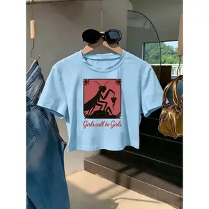 Funny Praying Mantis Girls Will Be Girls Print White Crop Top Tee Women Y2K Aesthetic Casual Summer Short Sleeve T Shirt Streetwear Cute Going Out Daily Soft Top