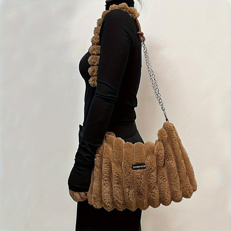 2025 Women's Lightweight Plush Faux Fur Crossbody Bag with Detachable Adjustable Chain Strap Large Capacity Zipper Closure Mixed Colors Caramel Versatile Shoulder Bag for Women Fashion Accessory Crossover Handbag Soft Texture Purse