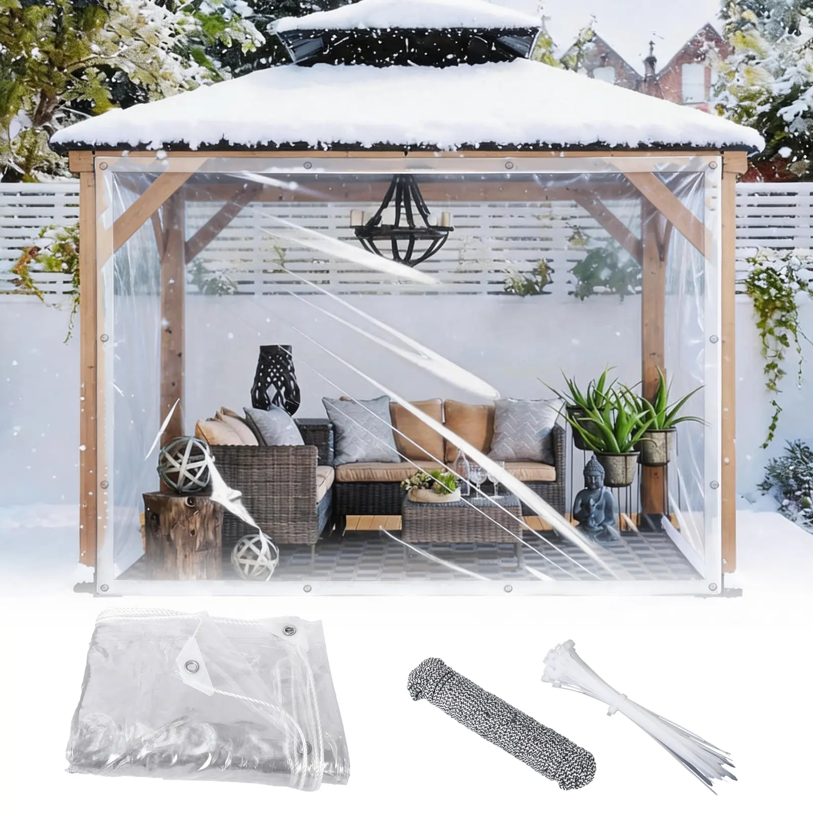 Clear Tarp 6ftx8ft/6ftx10ft/8ftx8ft/8ftx10ft/8ftx12ft/8ftx16ft/8ftx20ft/10ftx12ft/10x16FT - Heavy Duty 14 Mil Waterproof Transparent PVC Tarp with Aluminum Grommets, Ropes & Cable Ties, Tear-Resistant UV Protection for Greenhouse, Chicken Coop