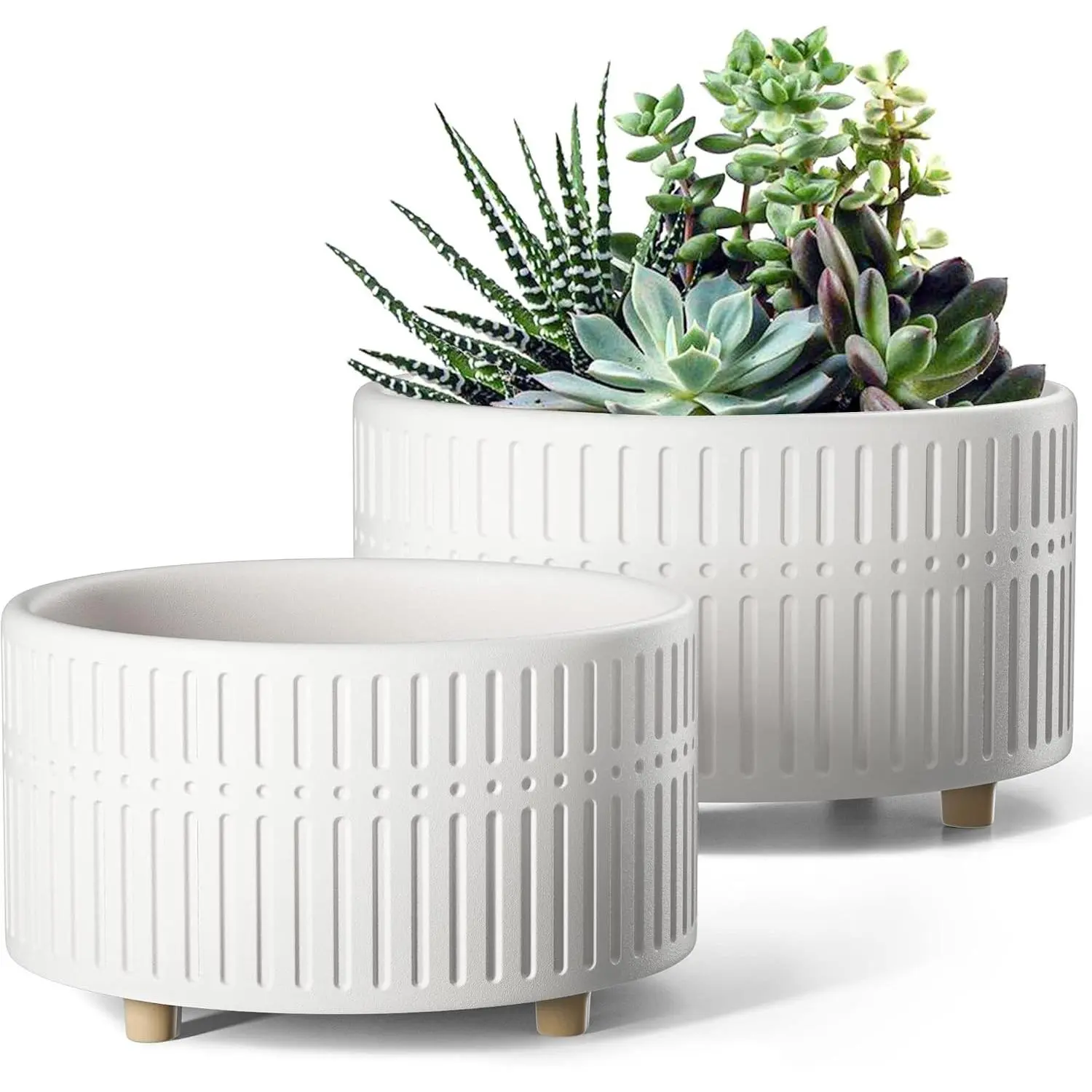 Succulent Pots, 6.5+8 Inch Ceramic Indoor Plant Pot with Drainage Hole, Shallow Round Succulent Planters, Set of 2, Matte White