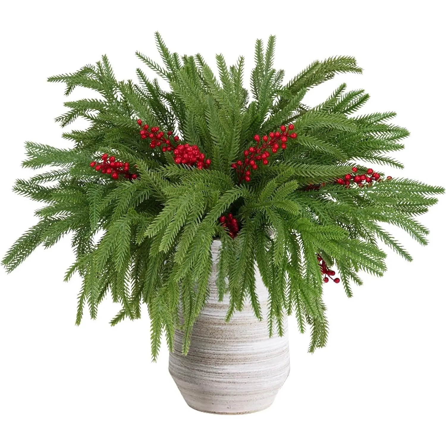 12 count Christmas Norfolk Pine Branch with Berry Set, 18 Inches Artificial Norfolk Branch 6pack, Faux Berry Stem 6pack, stem Greenery Pine Picks for Indoor  Vase DIY Outdoor Wreath Decoration