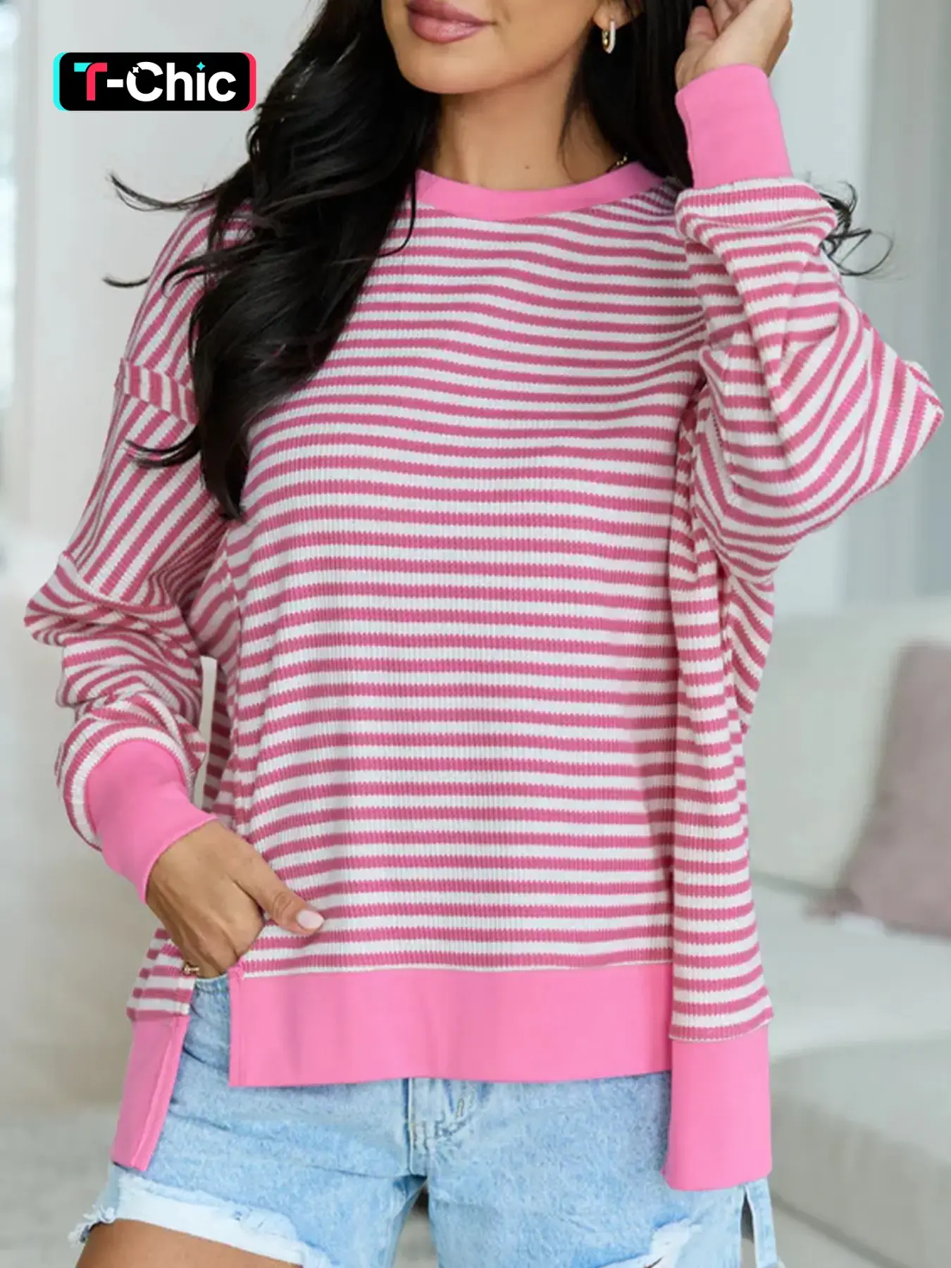 Spring Summer Casual Striped Print Round Neck Split Sleeve Pullover, Comfortable Daily Wear Top, Stylish and Versatile Design