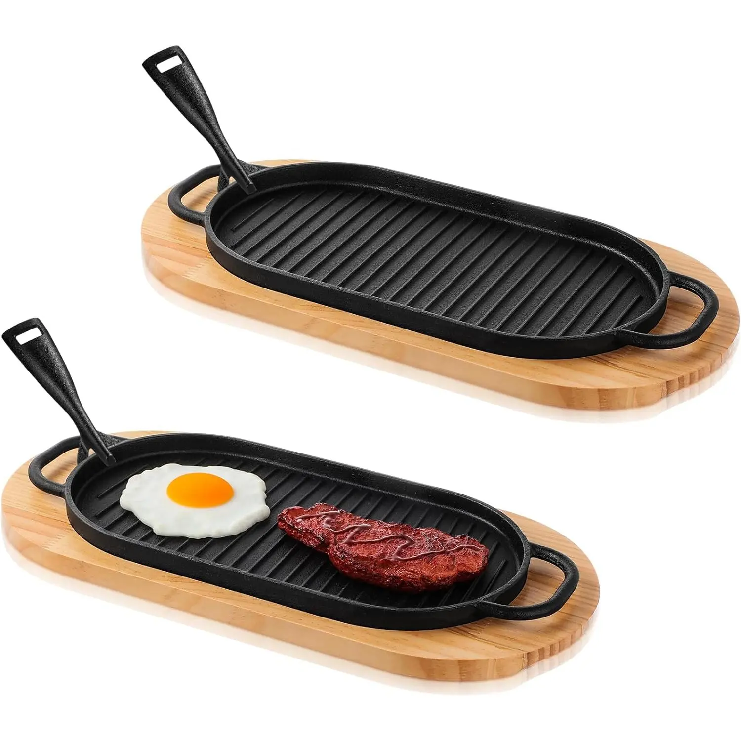 2 Pcs Cast Iron Fajita Skillet Pan Set Sizzling Steak Plate with Wooden Base and Removable Handle Cast Iron Grill Frying Pan for Home Restaurant Kitchen Cooking 12 x 6.3 Inch