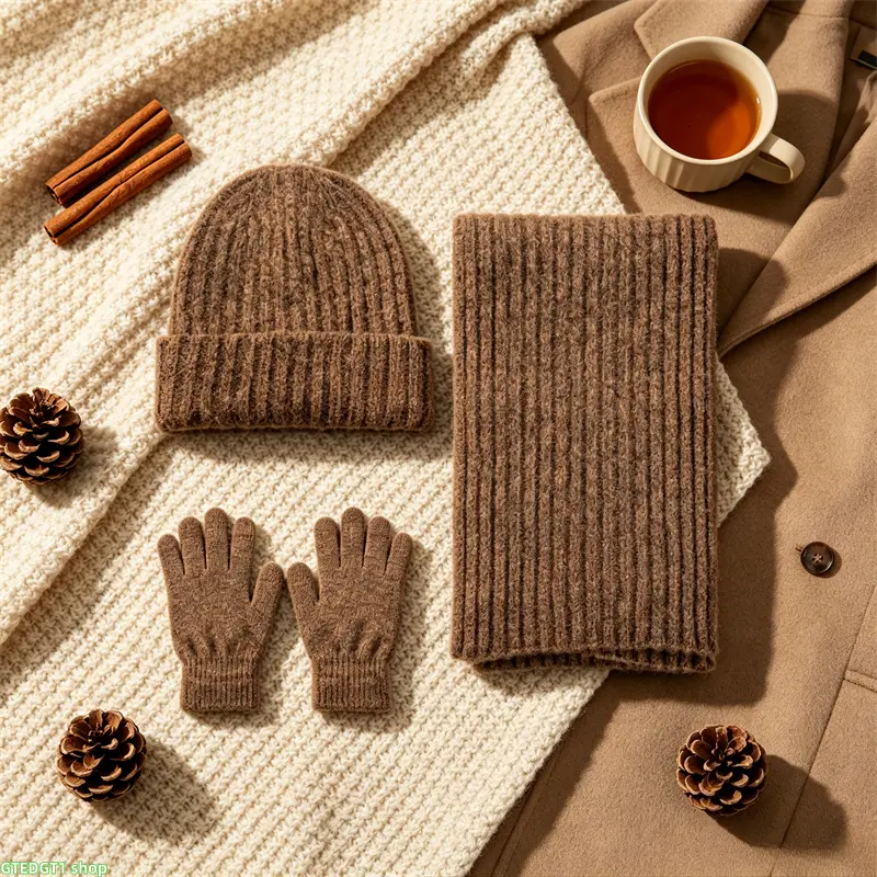 3 Piece Knitted Winter Accessory Set, Ribbed Cuff Beanie Scarf Touch Screen Gloves Matching Kit, Soft Stretchy Fuzzy Thermal Knit Outfit, Skin Friendly Cold Weather Wear For Women Outdoor Ski Walk Daily Commute