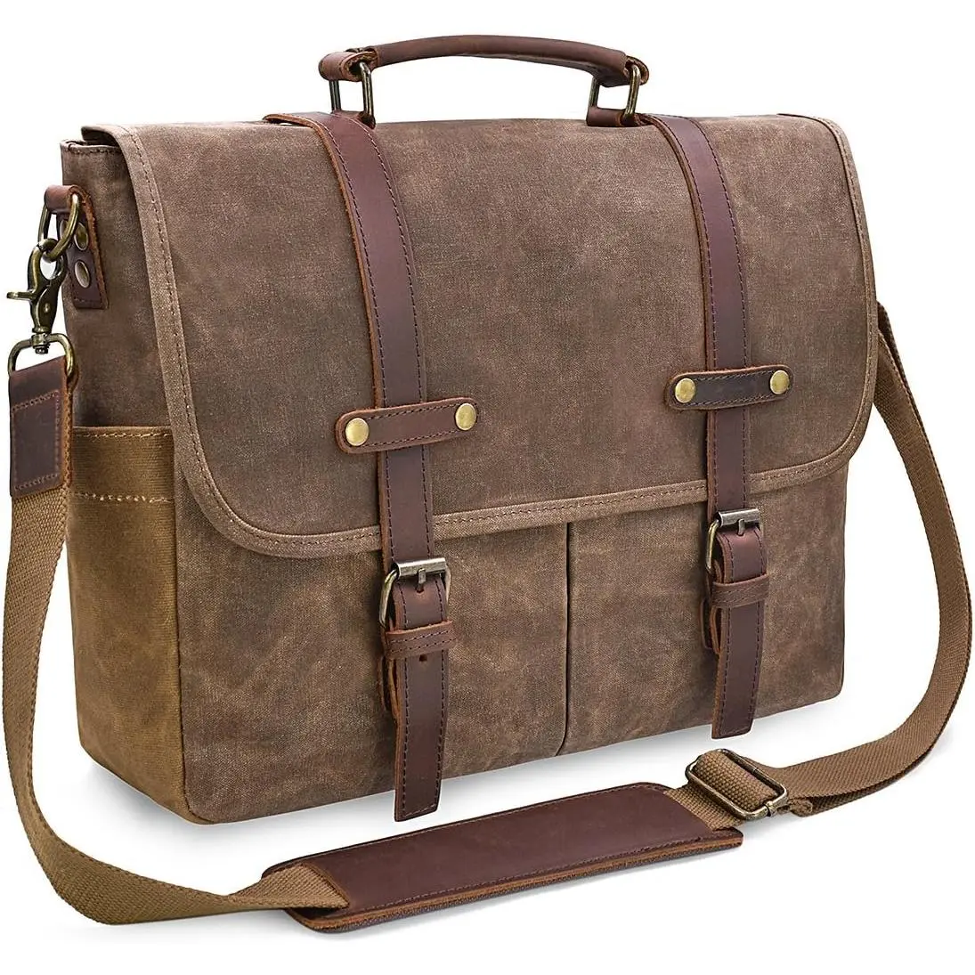 Mens Messenger Bag 15.6 Inch    Waxed Canvas Briefcase Large Leather  Laptop Bag Rugged Satchel  Bag, Brown