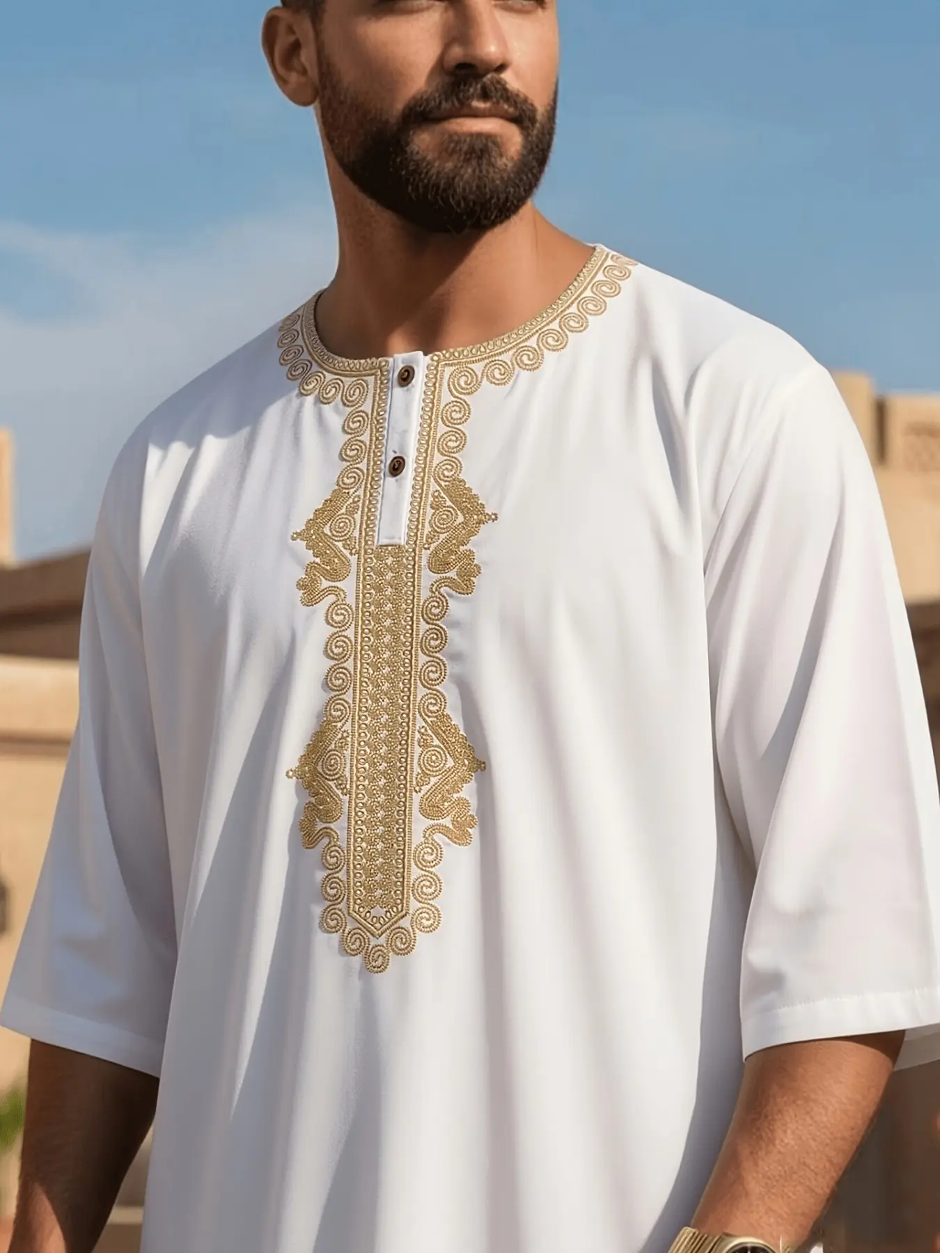 Vintage Embroidered Men's Traditional Robe, Round Neck Two Button Three-Quarter Sleeve Loose Fit Long Shirt, Middle Eastern Resort Party Style