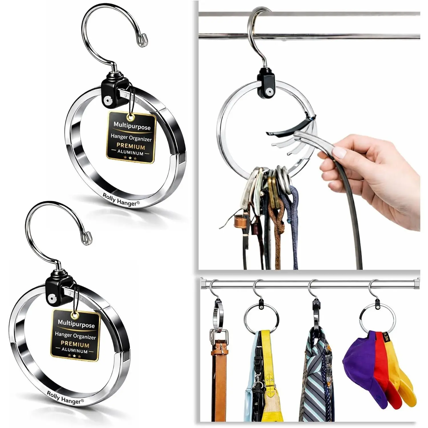 Closet Space Saver – Premium Rotating Organizer for Belts, Ties, Hats & Handbags | Heavy-Duty 360° Swivel Aluminum Hanger | Closet Organizer (2 Pack)