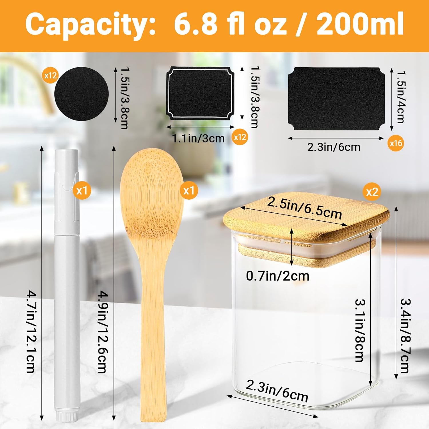 Square Glass Storage Jars, 2 Pack 6 Fl.oz Glass Jars with  , Clear  Canister Stackable Sugar Coffee Containers for Candy Loose  Oats - Set Included Labels, Spoon and Marker