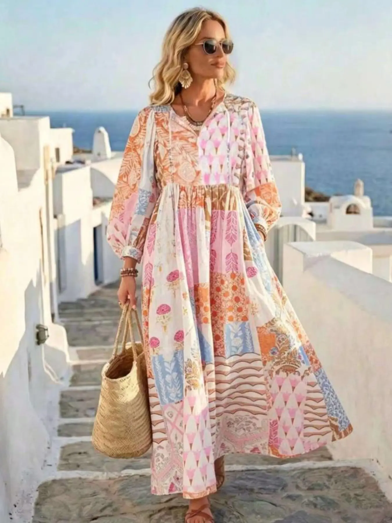 Women's Boho Floral Patchwork Maxi Dress | Long Sleeve V-Neck Bohemian Vacation Resort Wear | Casual Loose Fit Beach Cover Up
