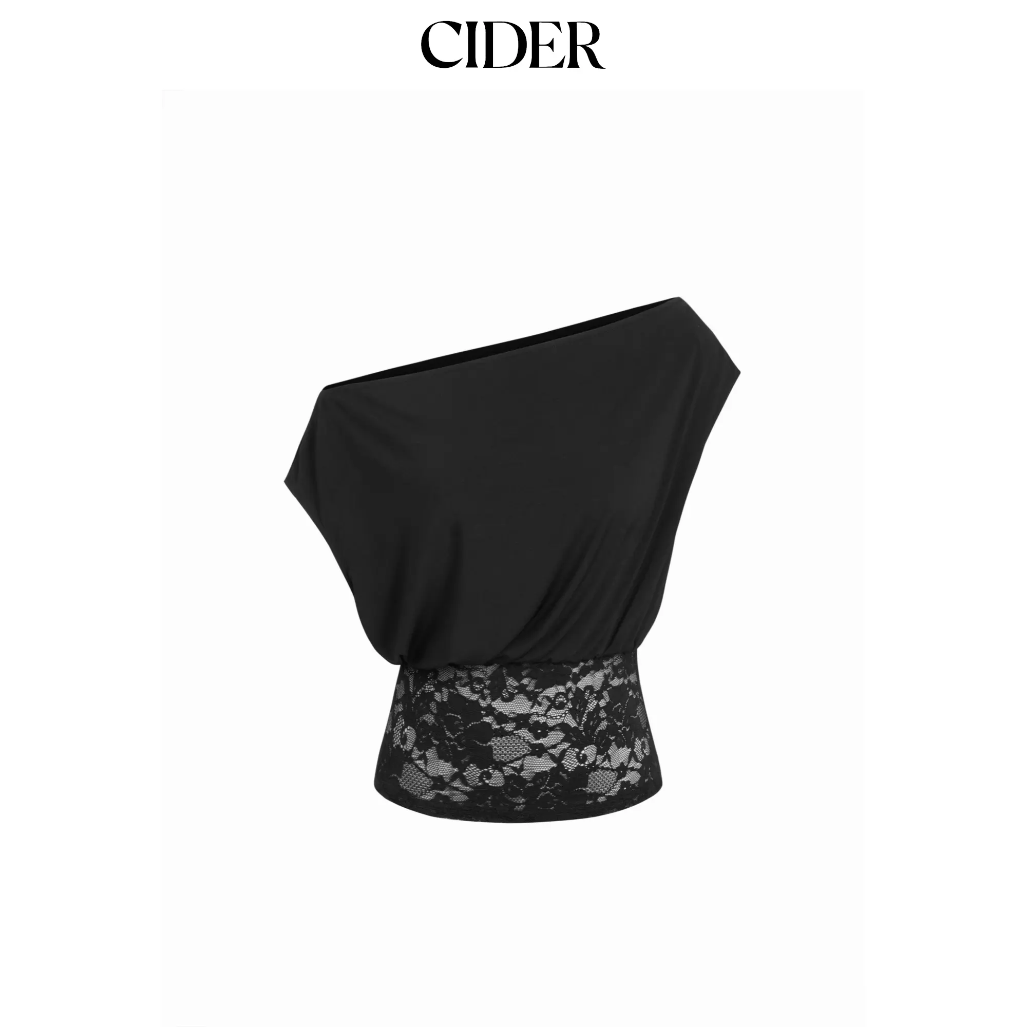 Cider Asymmetrical Neck Floral Lace Ruched Top