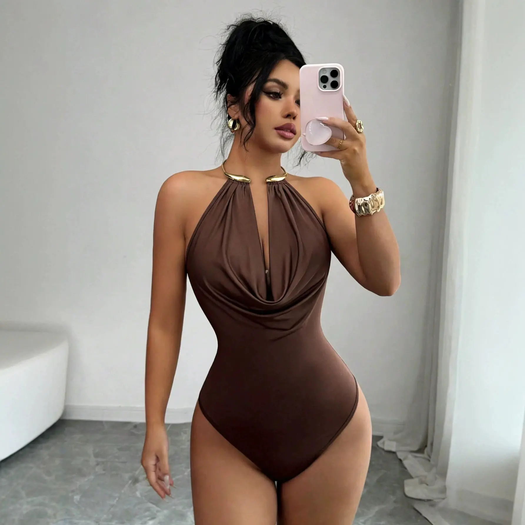 Halter neck jumpsuit with metal collar design, deep V-neck, slim-fit tank top for out
