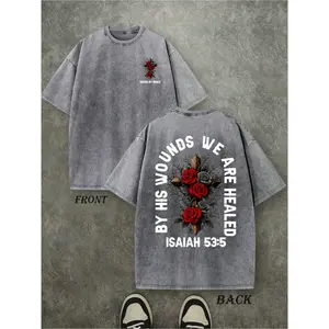 Washed Cotton Double-Sided Print T-Shirt Christian Faith Bible Scripture Isaiah 53:5 Cross with Rose Pattern Loose Casual Breathable Summer Top for Unisex Couple Religious Gift
