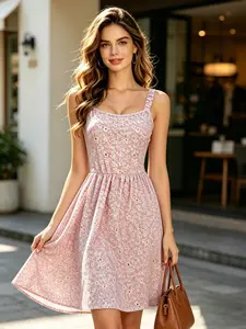 A summer new fashionable and gentle style Casual wear square neck camisole dress with high waist and slimming effect, suitable for city shopping, store exploration, home laziness, short distance travel, garden picnic