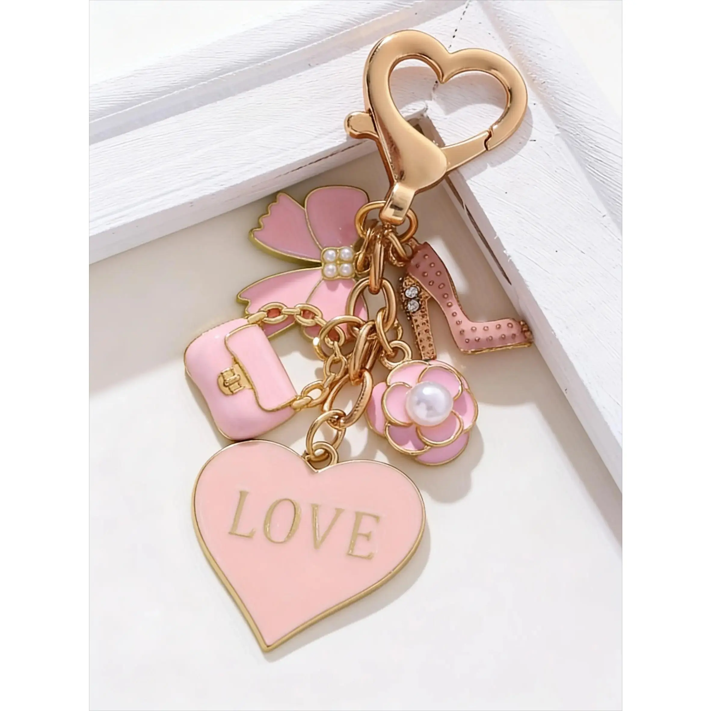 Coquette Heart Bag Charm for Women, Pink and Gold Plastic Keychain with Sparkly Accents, Easy Clip-On Accessory for Purses and Handbags, Gift for Girls