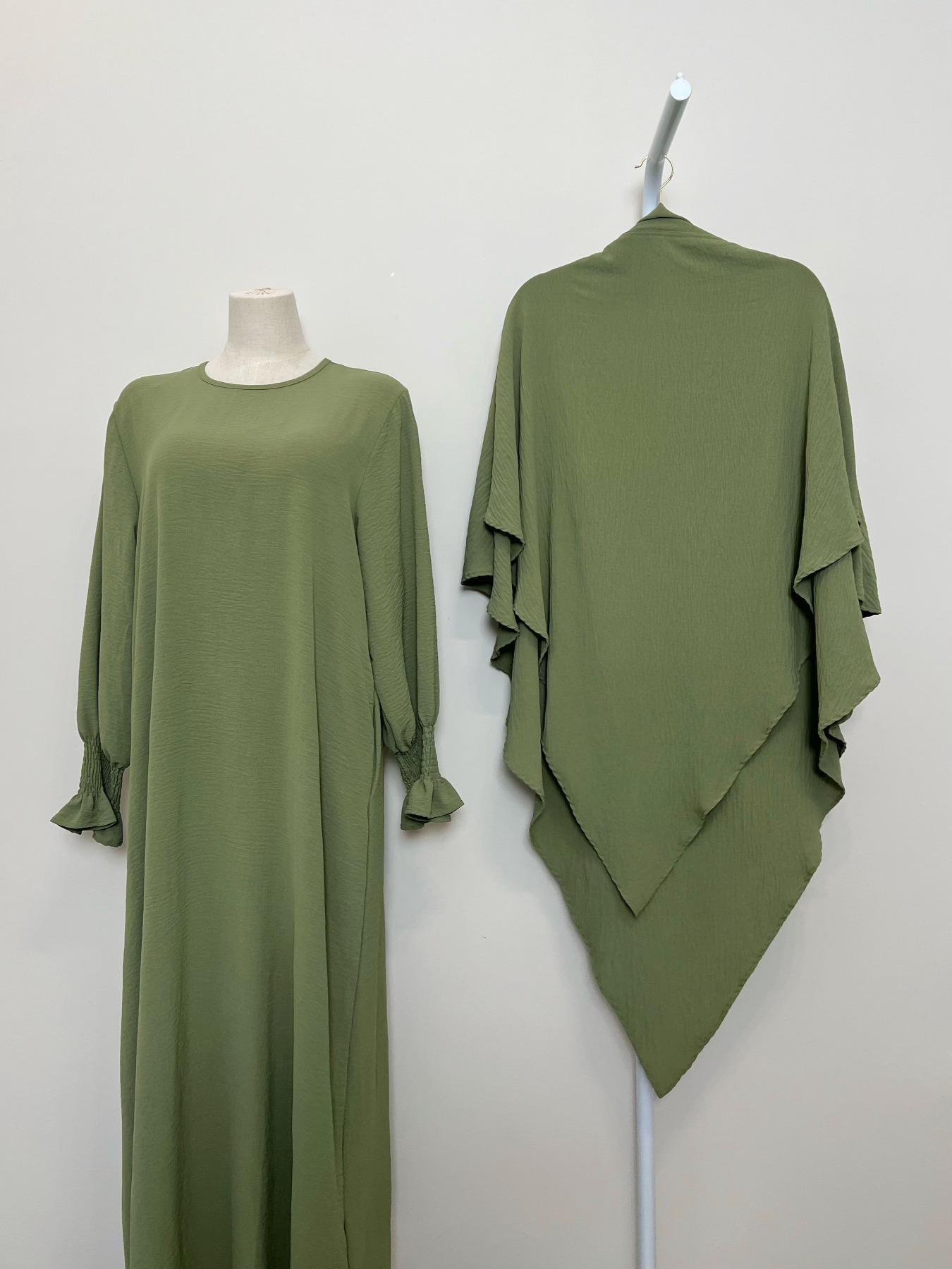 Women's 2-Piece Solid Color Long Sleeve Dress & Hijab Set, Modest Outfit for Daily Wear, Women's Islamic Clothing for All Seasons, Abaya Hijab Set