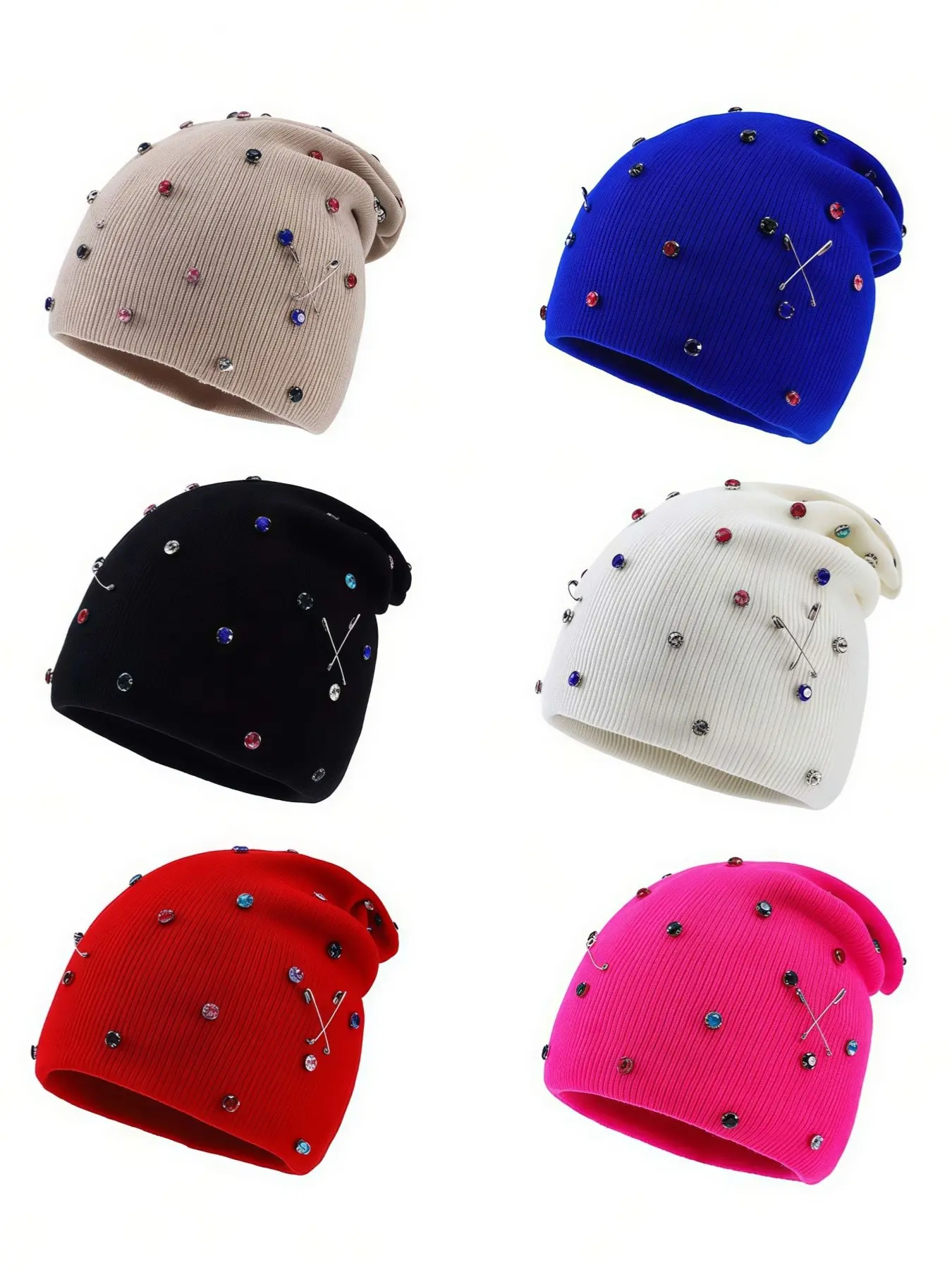 Men's Fashion Rhinestone Pin Beanie Hat, Casual Warm Knit Cap, All-Season Fitted Plain Pattern, Stylish Winter Accessory