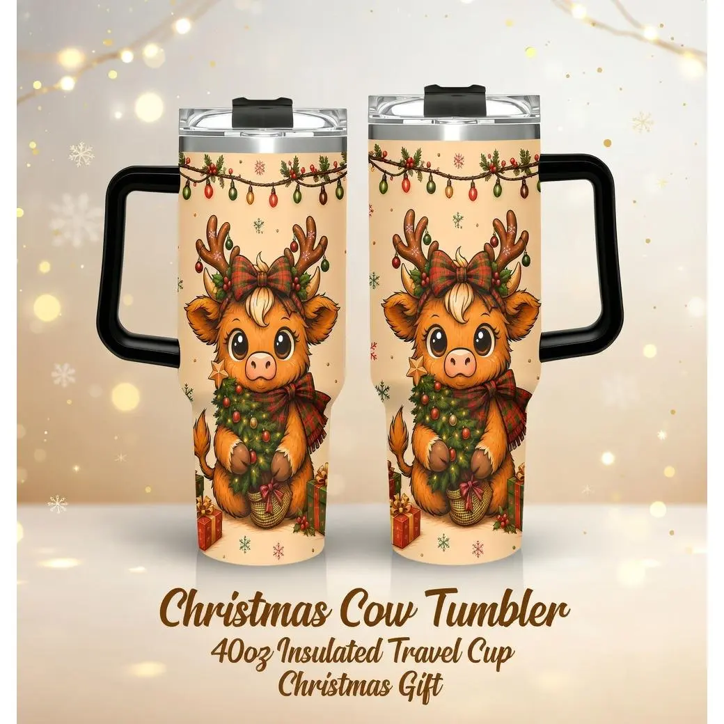 Christmas Tumbler 40oz, Christmas Gift, Festive Highland Cow Christmas Tumbler with Handle |   Limited Edition Holiday Travel Mug & Straw, Cute Xmas Cow Festive Graphic Print, Holiday Christmas Gift for Women, Fits Car Cup Holder