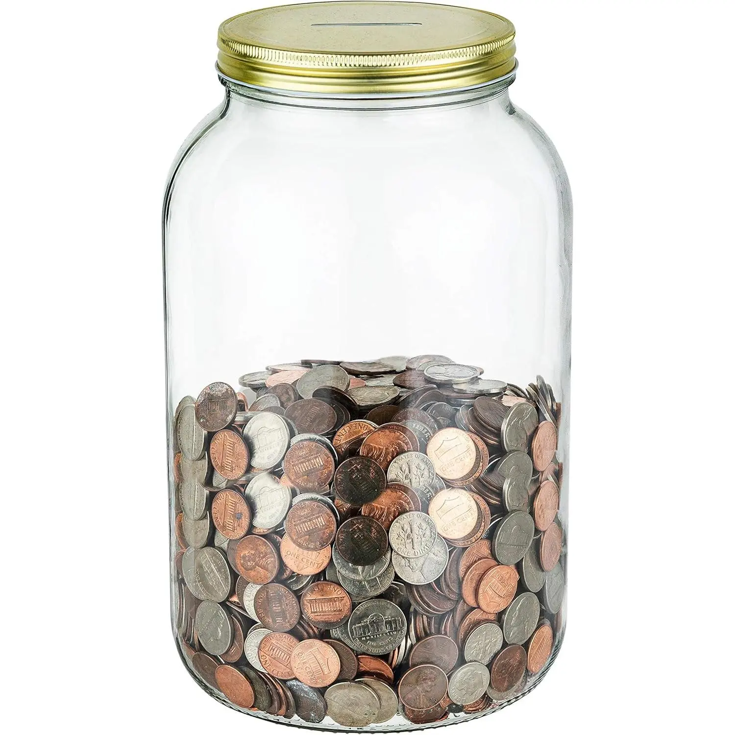 Large Coin Bank with Slotted Gold Lid - Holds Up to $3,000 in Quarters - 1 Gallon Glass Money Jar for Piggy Bank, Tips, Raffle Tickets & Donations - Made in USA