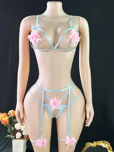 Floral Bow Lace-Up Sexy No-Wire Lingerie Set, 5-Piece Bra Panty Garter Leg Ring, Adjustable Design, Perfect for Daily Wear & Special Occasions tanga altgirl curvy