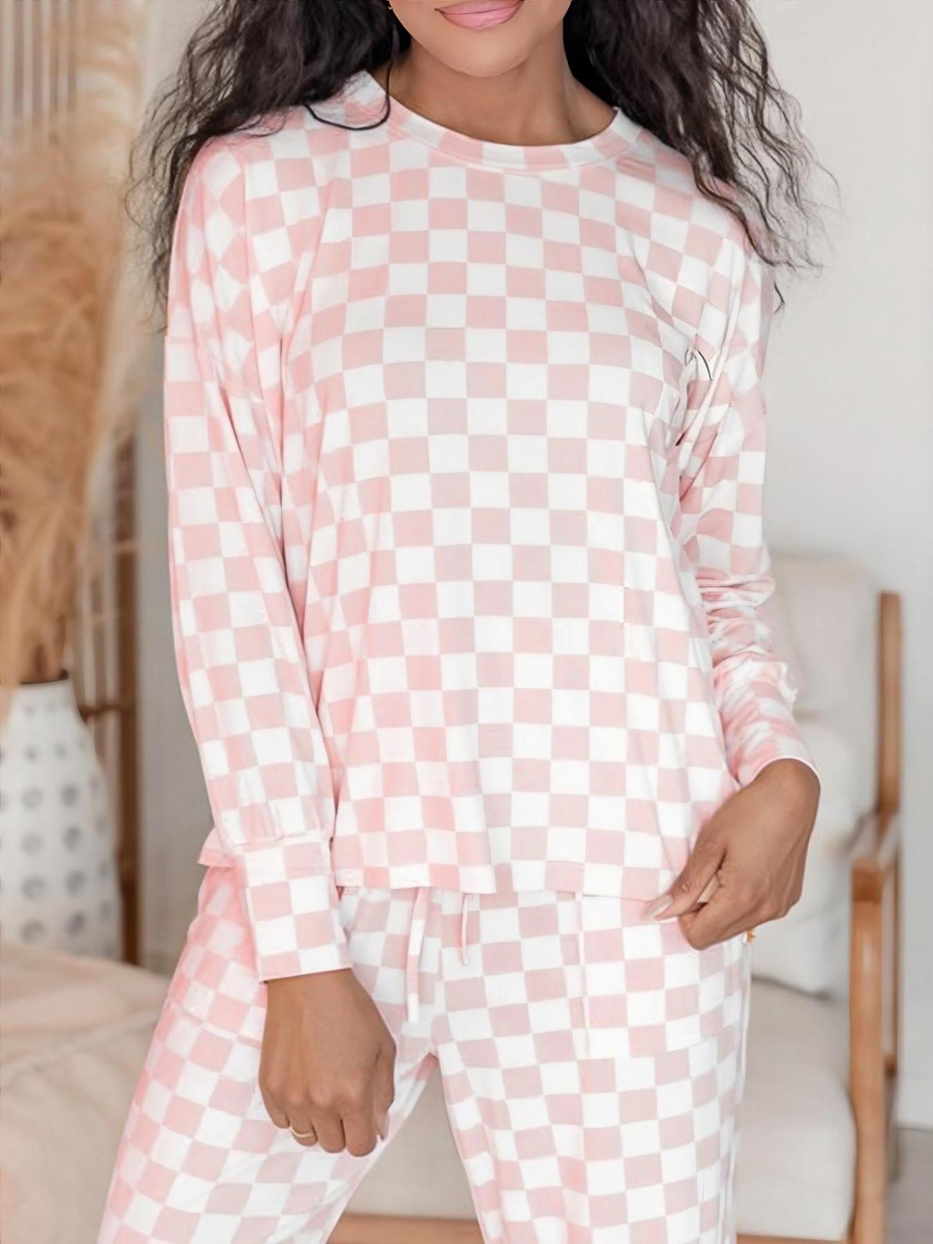 Women's Checkerboard-Print Long Sleeve Tee & Drawstring-Waist Pants Pajama Two-Piece Set, Casual Comfy Round Neck Top & Pocketed Trousers PJ Set, Ladies' Sleepwear & for All Seasons, Soft Lounge Sets