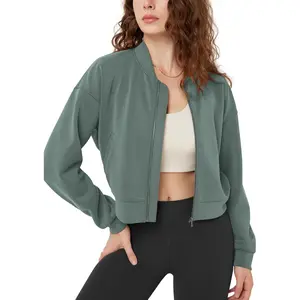 Soft Bomber Jacket for Women Long Sleeve Casual Fall Outfit Crop Top with Pockets