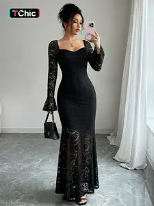 Elegant Women's Lace Sheer Square Neck Backless Bodycon Mermaid Long Dress, Party Formal Evening Gown, Birthday Gift