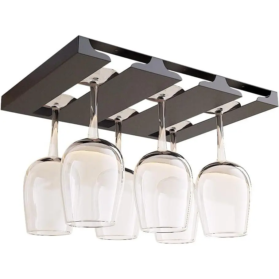 Glass Holder Under Shelf,Stainless Steel Stemware Rack for Cabinet,Glassware Drying Storage Hanger,Metal  Organizer for Kitchen,Bar or Restaurant,Screw Mount,Matte Black,3 Row