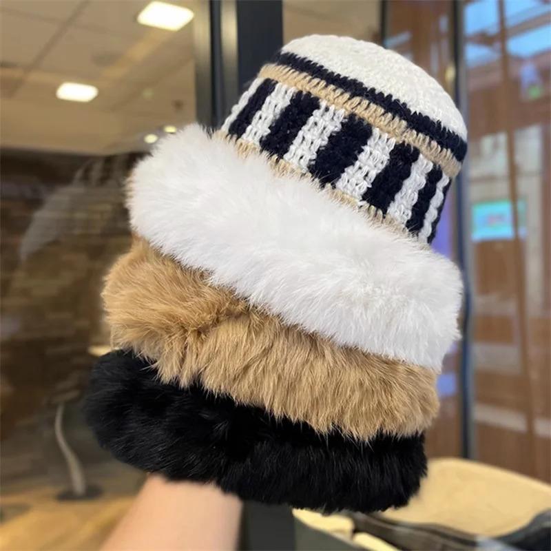 Winter Rabbit Fur Plush Handmade Knitted Hat for Women Men Outdoor Ear Protection Soft Warm Beanie Y2k Streetwear Knitted Hats