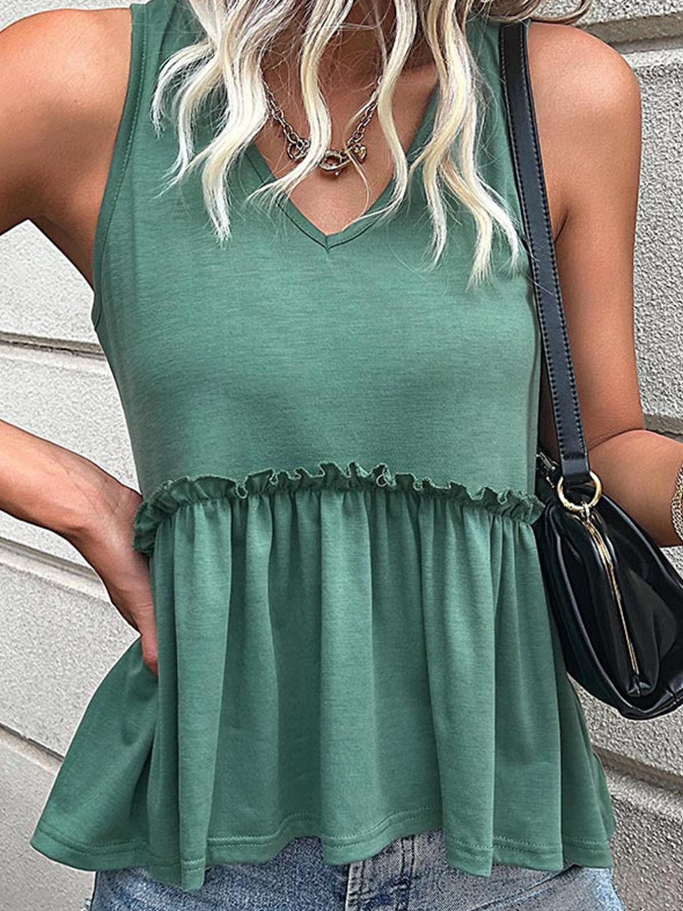 Women's Plain Frill Trim Peplum Tank Top, Casual V Neck Sleeveless Top, Summer Outfits, Ladies Clothes for Daily Wear, Casual Fitted Sleeveless Womenswear, Breathable Tank Top