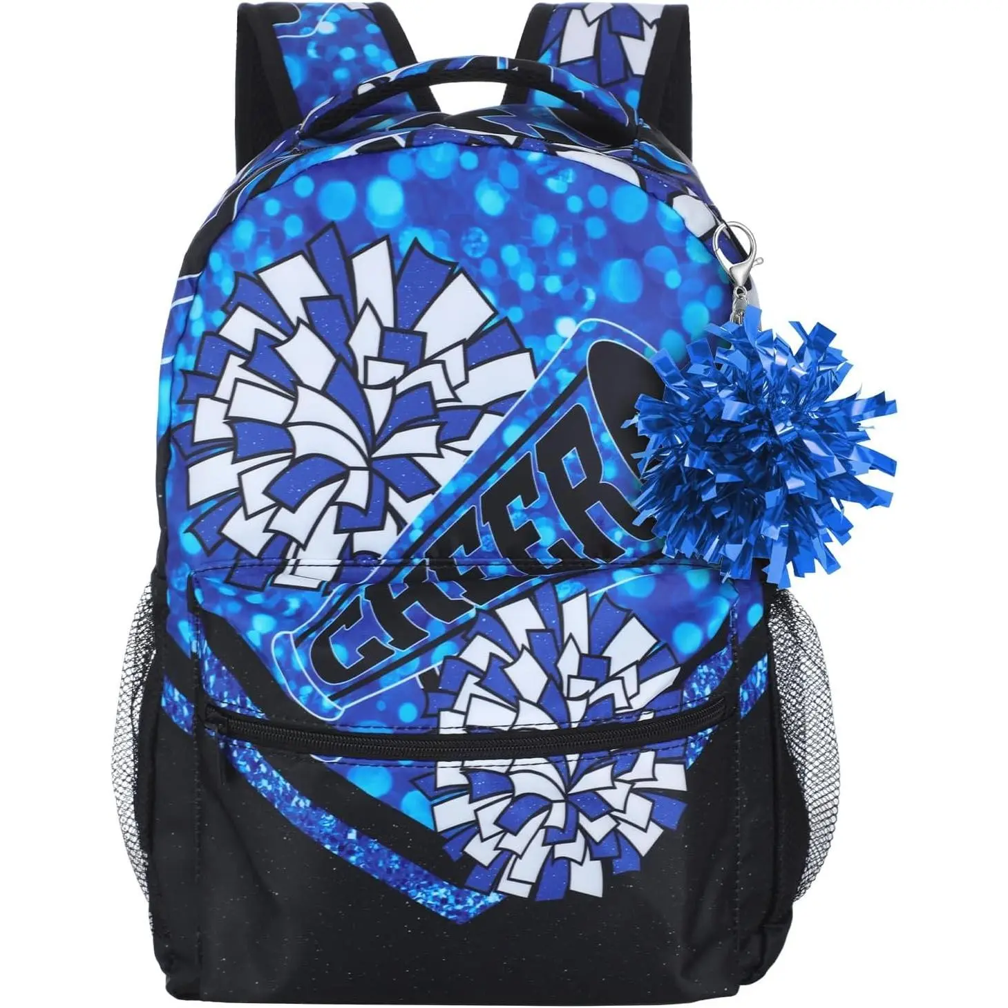 2 Pcs Blue Cheer Backpacks with Pom Keychain, Multifunctional Gymnastics Cheerleader Coach Bags for Game Day Spirit Team