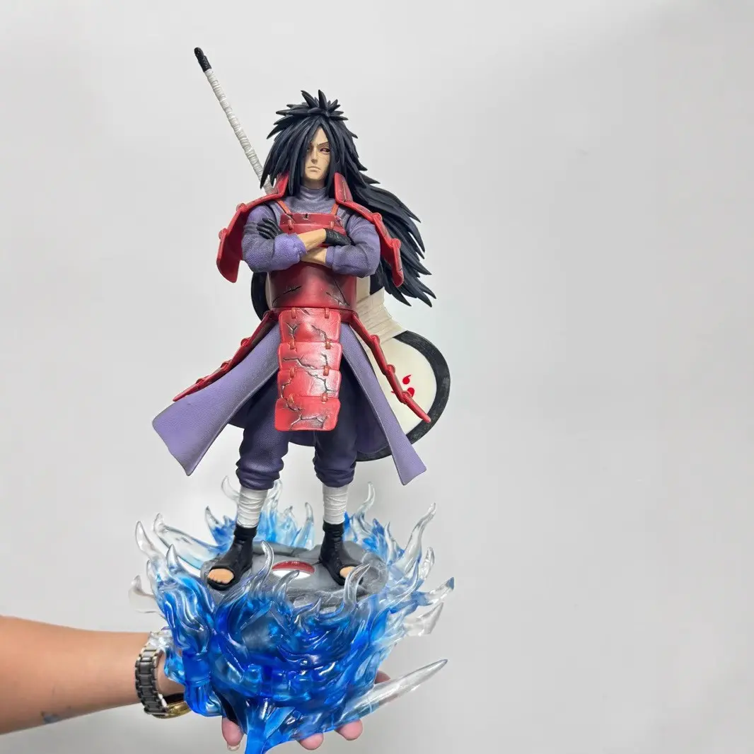 Naruto Uchiha Madara Handmade Statue 42cm, Crossed Arms Warring States Armor, Transparent Blue Susanoo Flame Base, PVC Anime Collection Model, Desktop Decor Gift