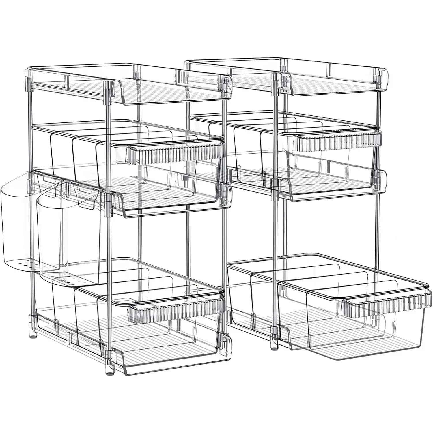 2 Sets 3 Tier Clear Pull Out Under Sink Storage Organizer with 2 Cups, Slide Out Drawer with 6 Dividers, Multi-Purpose Organizer for Bathroom Kitchen Cabinet