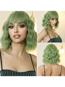 Green Wigs for Black Women Soft Short Bob Style Wigs with Bangs for Women Synthetic Shoulder Length Women's Curly Wigs for Cosplay Halloween Costumes Daily (Green)
