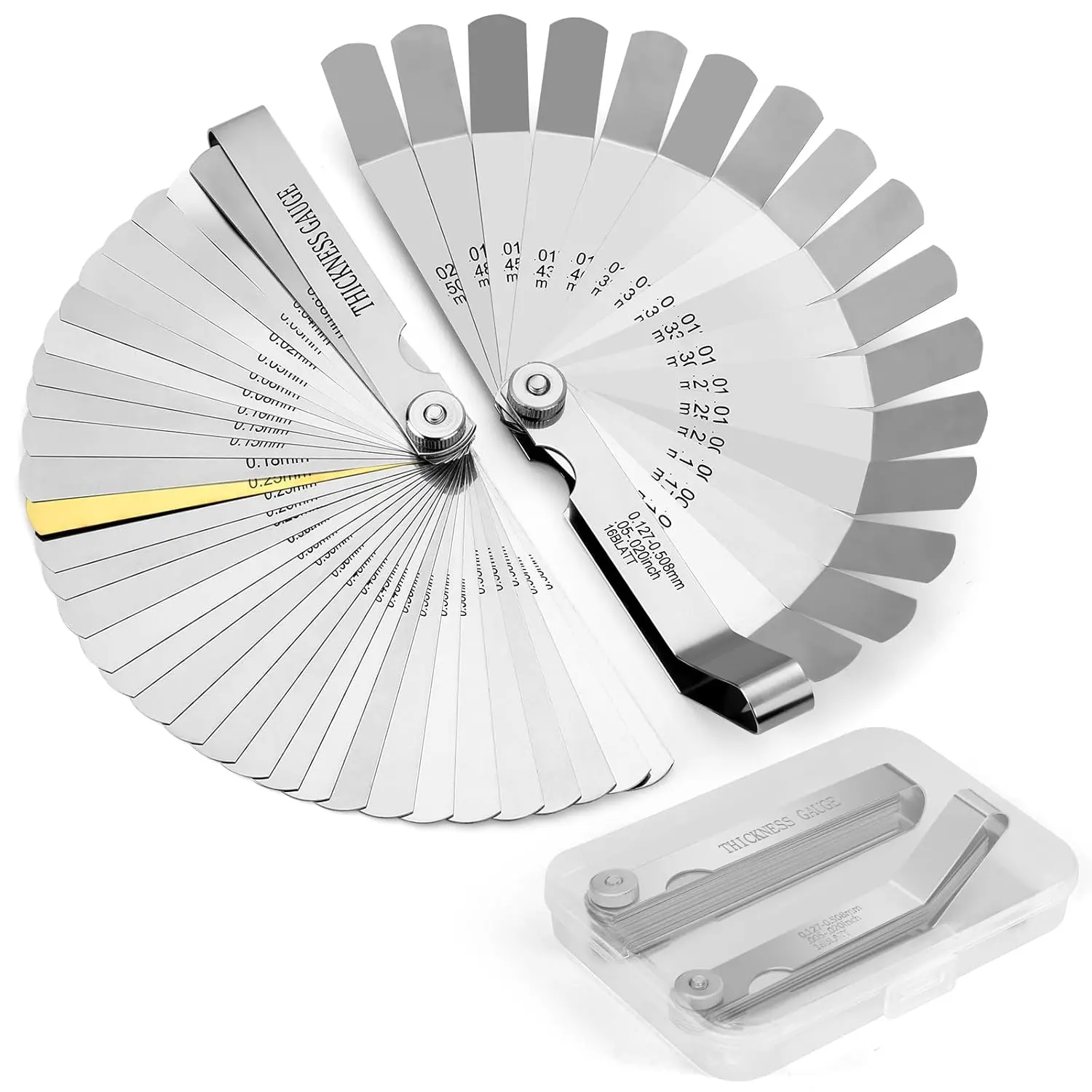 2Pcs High-Precision Feeler Gauge Set - 32-Blade Straight and 16-Blade Offset Filler Gauge, Dual Marked SAE & Metric Stainless Steel Feeler Gauges for Valves, Spark Plug, Engine, Guitar Setup