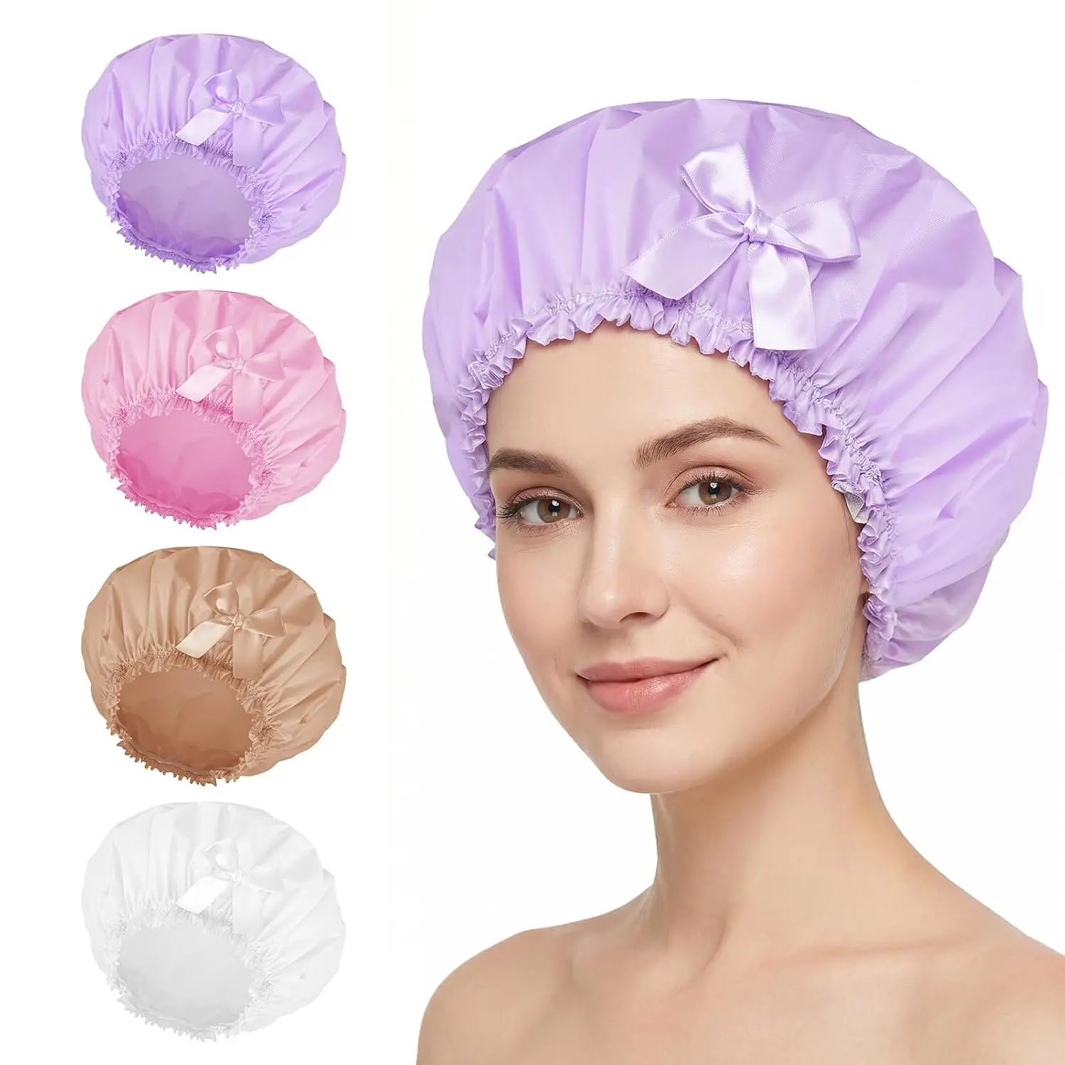 Shower Cap for Women, 4 count Large Shower Cap  , PEVA Bath Cap Hair Caps for Women Men Girls - White+++Light Coffee