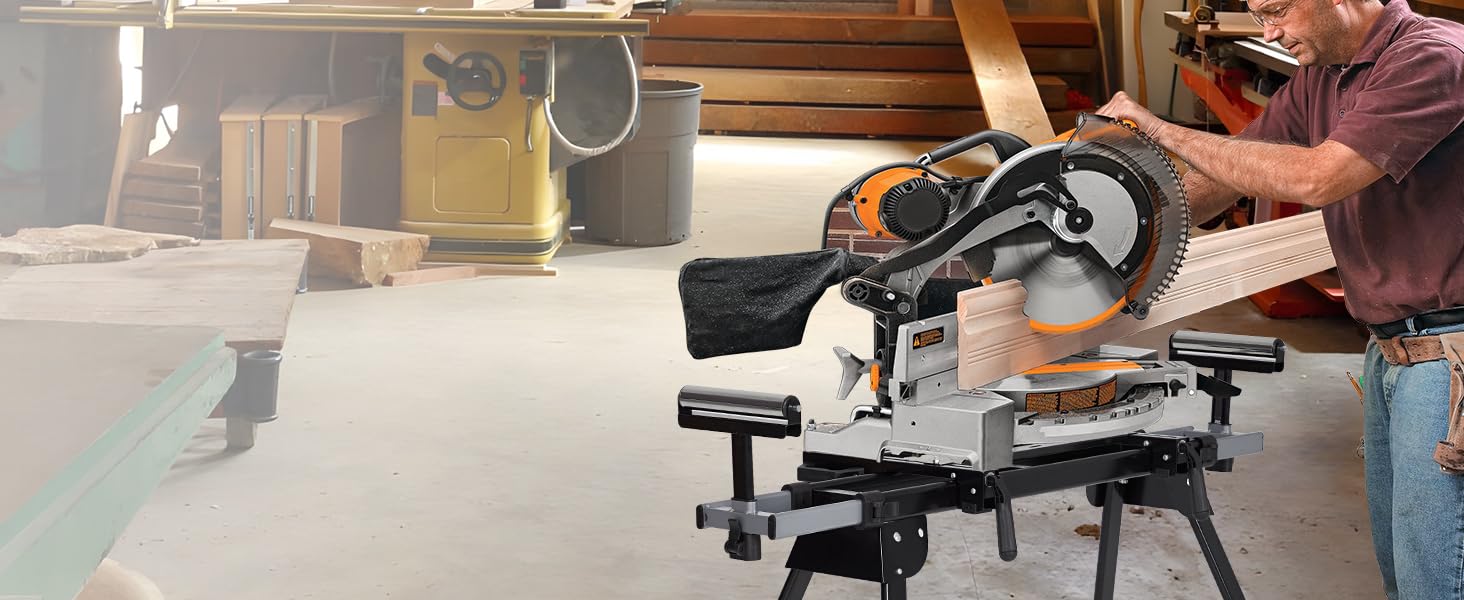 GARVEE 440 LBS Capacity Miter Saw Stand, Universal Folding Saw Stand with 76-4/5 In Sliding Rail, Portable Steel Miter Saw Table with Height-Adjustable Support Rollers & Repeat Cutting End Stops